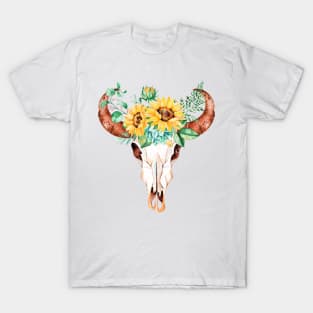 Sunflower bouquet, bull skull, sunflower skull, sunflowers, watercolor, painted sunflowers T-Shirt